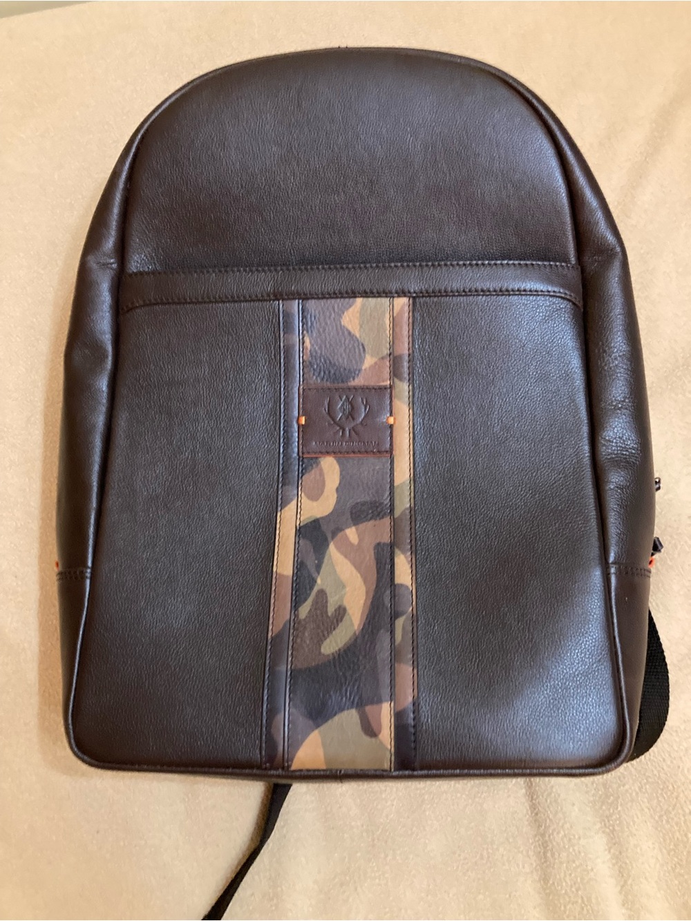 NWOT Martin Dingman Brown Backpack CAMO $598 MSRP Orange Lining Small Ink Mark